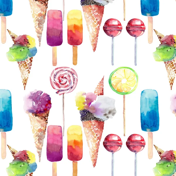 Hermoso brillante colorido delicioso sabroso delicioso lindo postre de verano helado jugo congelado en un waffle cuerno caramelos en un patrón de palos acuarela mano ilustración — Foto de Stock