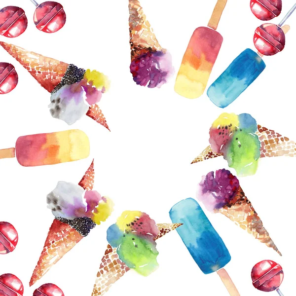 Hermoso brillante colorido delicioso sabroso delicioso lindo postre de verano helado jugo congelado en un waffle cuerno caramelos en un marco palos acuarela mano ilustración —  Fotos de Stock