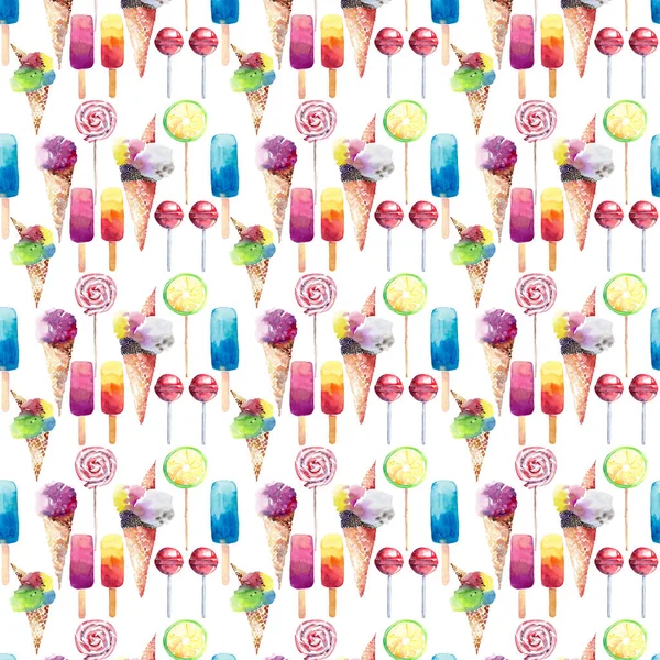 Hermoso brillante colorido delicioso sabroso delicioso lindo postre de verano helado jugo congelado en un waffle cuerno caramelos en un patrón de palos acuarela mano ilustración —  Fotos de Stock