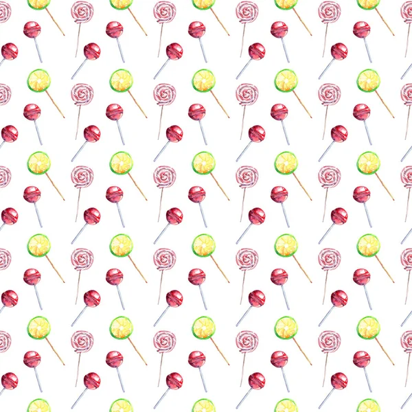 Schöne helle bunte köstliche leckere leckere süße Sommer Dessert Bonbons auf einem Stick verschiedene Formen diagonales Muster Aquarell Hand Illustration — Stockfoto