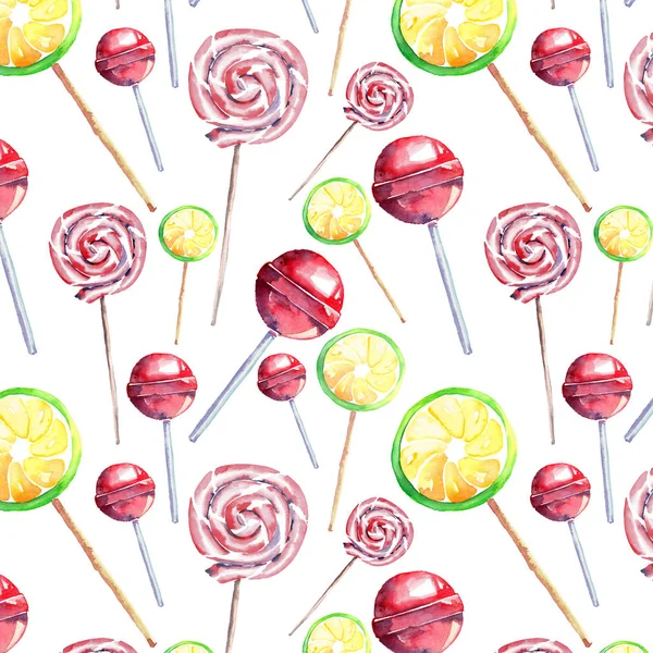 Schöne helle bunte köstliche leckere leckere süße Sommer Dessert Bonbons auf einem Stick verschiedene Formen diagonales Muster Aquarell Hand Illustration — Stockfoto