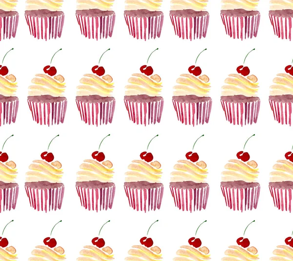 Hell schön zart schön wunderbar süß lecker lecker Sommer Dessert Cupcakes mit rotem Kirschmuster Aquarell Handskizze — Stockfoto