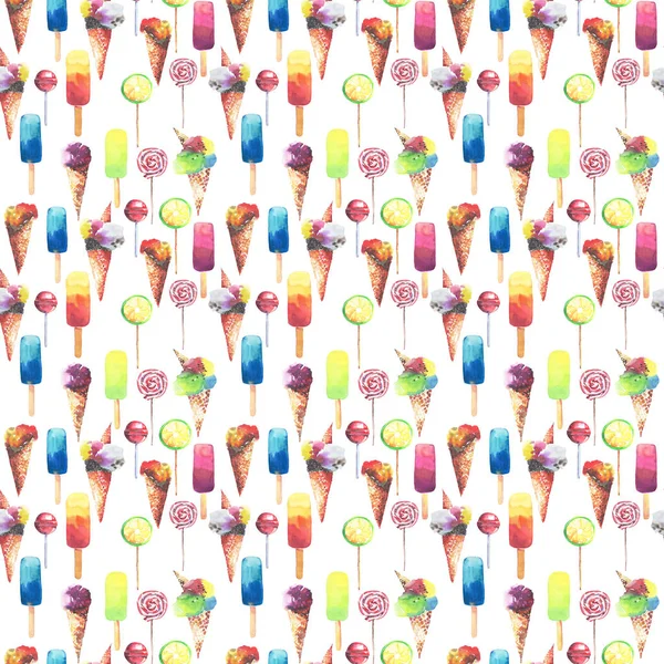 Schöne helle bunte köstliche leckere leckere süße Sommer-Dessert gefrorenes Safteis in einer Waffel Horn Bonbons auf einem Stockmuster Aquarell Hand Illustration — Stockfoto