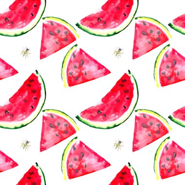 Güzel parlak renkli lezzetli lezzetli lezzetli olgun sulu tatlı güzel kırmızı yaz taze tatlı dilim karpuz ve arı desen suluboya el kroki