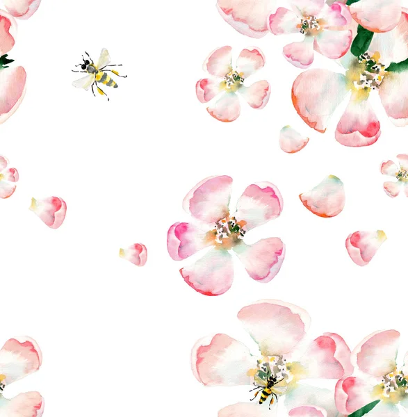 Вишукані красиві милі ніжні трав'яні квіткові весняні квіти яблука з зеленим листям та бджолами візерунок аквареллю ручної ілюстрації — стокове фото