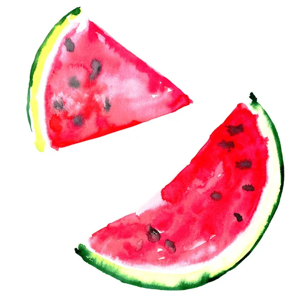 Mooie heldere kleurrijke heerlijke smakelijke lekker rijp schattige mooie rode zomer dessert twee sneetjes watermeloen aquarel illustratie van de hand — Stockfoto