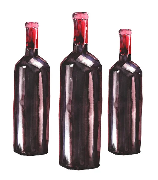 Világos gyönyörű absztrakt grafikus szép csodálatos aranyos finom finom finom nyári három üveg vörös bort akvarell kézi illusztráció — Stock Fotó