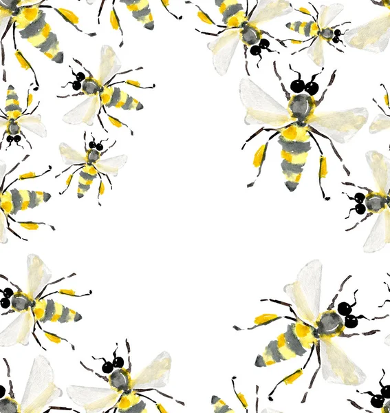 Schöne helle grafische abstrakte niedlich schöne Sommer bunte Rahmen von Honigbienen Aquarell Hand Illustration — Stockfoto