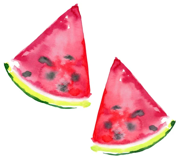 Mooie heldere kleurrijke heerlijke smakelijke lekker rijp schattige mooie rode zomer dessert twee sneetjes watermeloen aquarel illustratie van de hand — Stockfoto