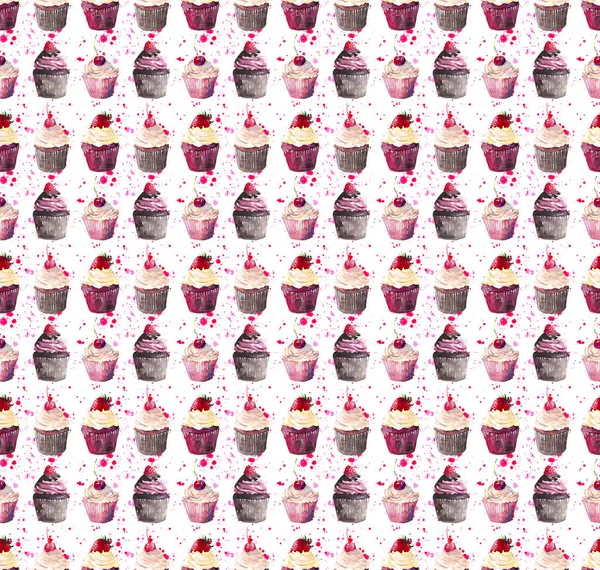 Bright beautiful tender delicious tasty chocolate yummy summer dessert cupcakes with red cherry strawberry and raspberry on yellow spray pattern watercolor hand illustration — Stock Photo, Image