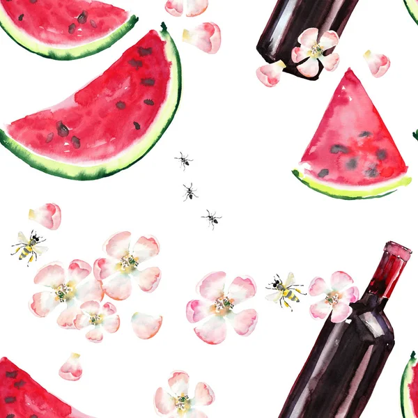 Helle schöne abstrakte Grafik schöne wunderbare leckere leckere leckere Sommer Picknick-Set enthält eine Flasche Rotwein, Scheiben Wassermelone, Blumen von Apfel, Biene und Ameisen Aquarell Handillustration — Stockfoto