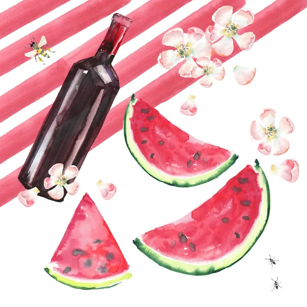 Helle schöne abstrakte Grafik niedlich köstliche Sommer-Picknick-Set enthält eine Flasche Rotwein, Scheiben Wassermelone, Blumen von Apfel, Biene und Ameisen auf einer roten weißen Tischdecke Aquarell Handillustration — Stockfoto