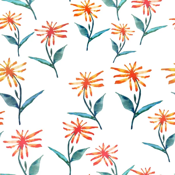Tender beautiful delicate bright sophisticated spring colorful herbal textile yellow orange dandelions with green leaves pattern watercolor hand sketch