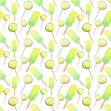 Güzel parlak lezzetli lezzetli lezzetli tatlı yaz tatlı taze limon suyu dondurma ve limonlu narenciye şekerler bir sopa desen suluboya el örnek üzerinde dondurulmuş