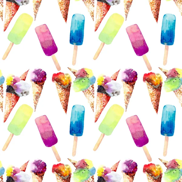 Bright beautiful tender delicious tasty chocolate yummy summer dessert ice cream  in a waffle horn and colorful frozen juice pattern watercolor hand illustration — Stock Photo, Image