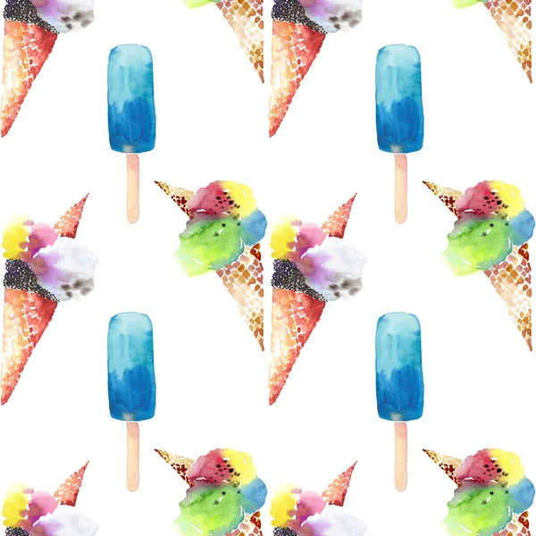 Bright beautiful tender delicious tasty chocolate yummy summer dessert ice cream  in a waffle horn and colorful frozen juice pattern watercolor hand illustration — Stock Photo, Image