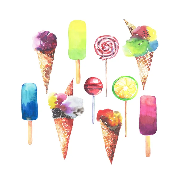 Beautiful bright colorful delicious tasty yummy cute summer dessert frozen juice ice cream in a waffle horn candies on a sticks composition watercolor hand illustration — Stock Photo, Image