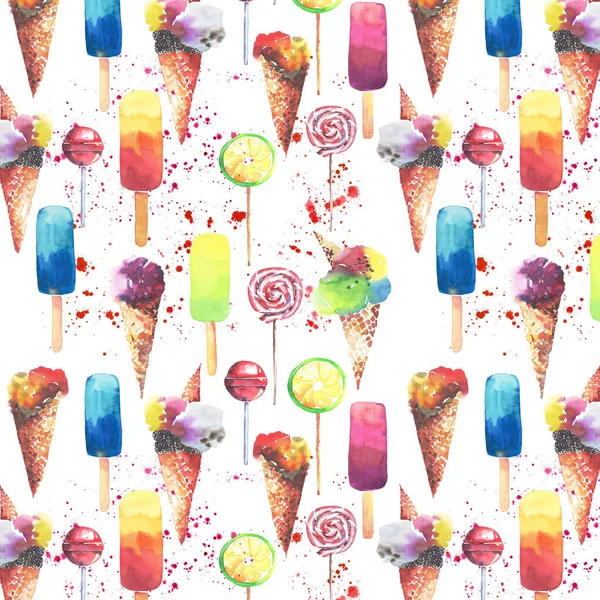 Beautiful bright colorful delicious tasty yummy cute summer dessert frozen juice ice cream in a waffle horn candies on a sticks pattern watercolor hand illustration — Stock Photo, Image