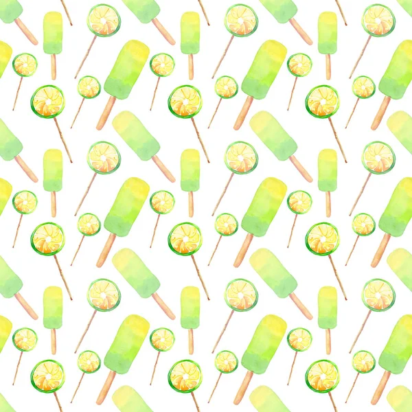 Piękny jasny pyszne smaczne pyszne słodkie lato deser limonki zamrożone sok Lody i cytryny cytrusowych cukierki na ilustracji z rąk w akwareli wzór laski — Zdjęcie stockowe