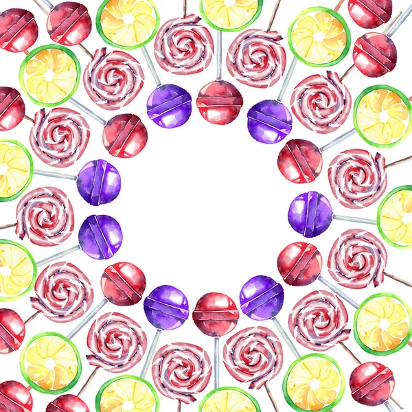 Mooie heldere heerlijke smakelijke lekker schattig mooie zomer dessert zoete rode, roze, violet, striped en citroen snoep op een sticks in een cirkel aquarel hand illustratie gelegen — Stockfoto