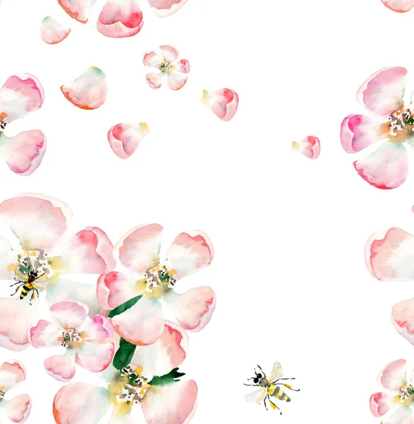 Geavanceerde mooie schattige mooie tedere kruiden floral Lentebloemen van apple met groene bladeren en bijen patroon aquarel hand illustratie — Stockfoto