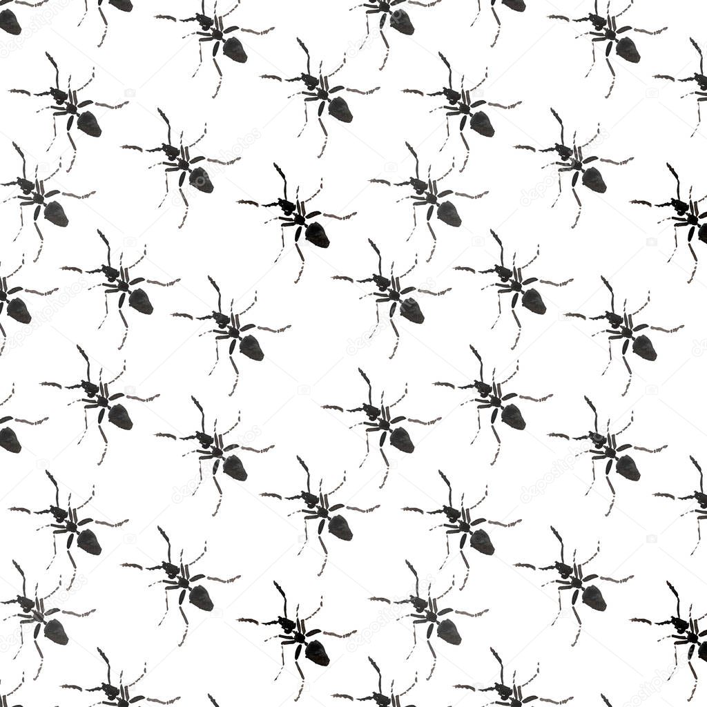 Beautiful bright graphic abstract cute lovely diagonal pattern of black ants watercolor hand illustration