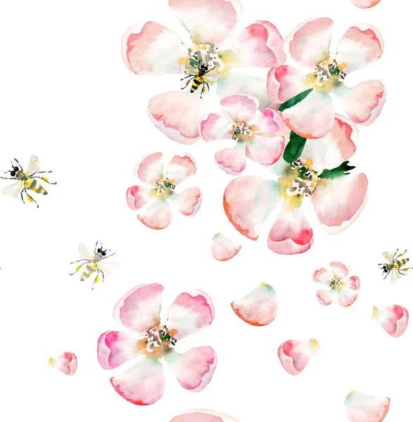 Geavanceerde mooie schattige mooie tedere kruiden floral Lentebloemen van apple met groene bladeren en bijen patroon aquarel hand illustratie — Stockfoto