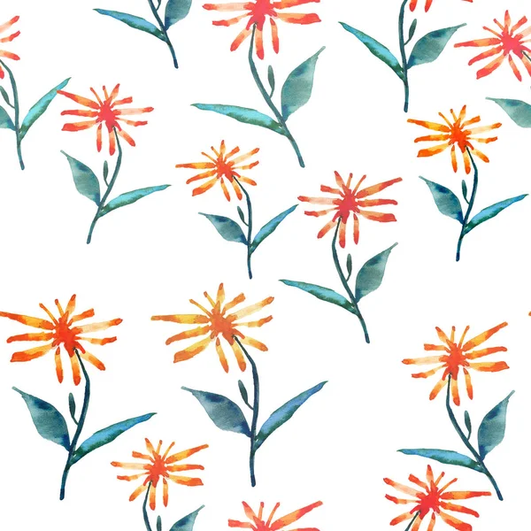 Tender beautiful delicate bright sophisticated spring colorful herbal textile yellow orange dandelions with green leaves pattern watercolor hand sketch