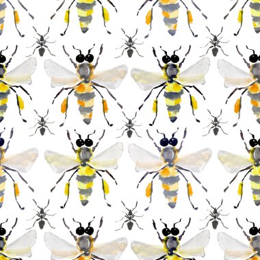 Güzel parlak grafik soyut şirin güzel sanatsal vintage yaz renkli dikey ışıma bal arıları ve siyah karıncalar suluboya el kroki