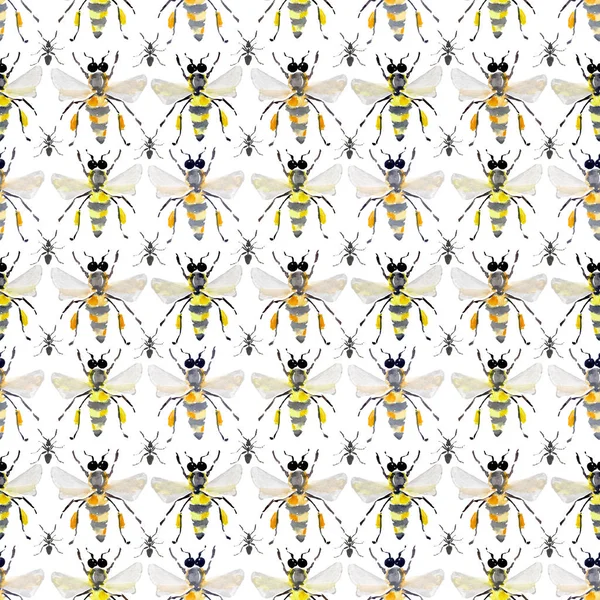 Belo abstrato gráfico brilhante bonito lindo artístico vintage verão colorido vertical padrão de abelhas mel e formigas pretas aquarela mão esboço — Fotografia de Stock