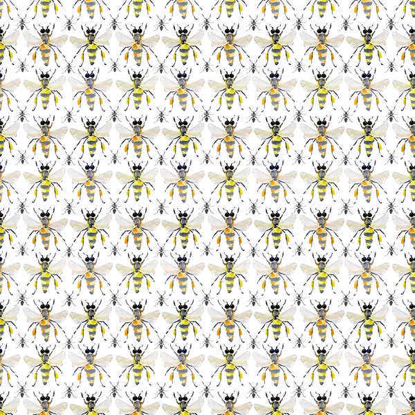 Beautiful bright graphic abstract cute lovely artistic vintage summer colorful vertical pattern of honey bees and black ants watercolor hand sketch — Stock Photo, Image