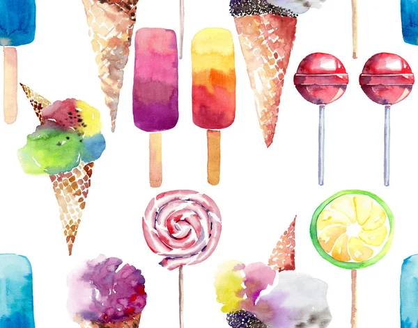 Hermoso brillante colorido delicioso sabroso delicioso lindo postre de verano helado jugo congelado en un waffle cuerno caramelos en un patrón de palos acuarela mano ilustración —  Fotos de Stock