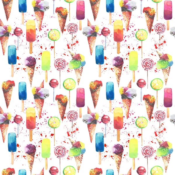 Krásné světlé barevné lahodné chutné mňam roztomilý letní dezert zmrazené šťávy zmrzlina vafle roh bonbóny na ilustrace akvarel ruku vzor hole — Stock fotografie