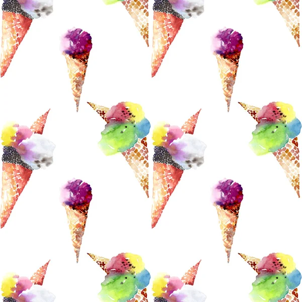 Krásné světlé vynikající chutné čokoládové mňam roztomilý letní dezert zmrzlina v akvarel vzor roh vafle — Stock fotografie