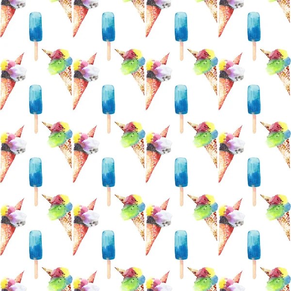 明るく美しい柔らかいおいしいおいしいチョコレートのおいしい夏デザート アイス クリーム ワッフル ホーンと青の冷凍ジュース パターン水彩手図で — ストック写真