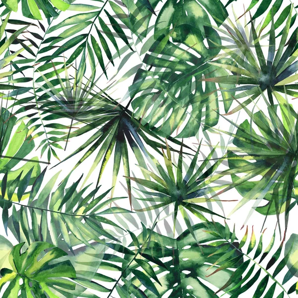 Hermoso verde brillante tropical maravilloso hawaii floral patrón de verano a base de hierbas de una palma monstera acuarela mano ilustración — Foto de Stock