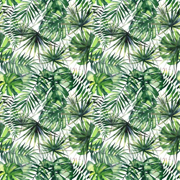 Mooie heldere groene tropische prachtige hawaii floral kruiden zomer patroon van een monstera palmen aquarel hand illustratie — Stockfoto