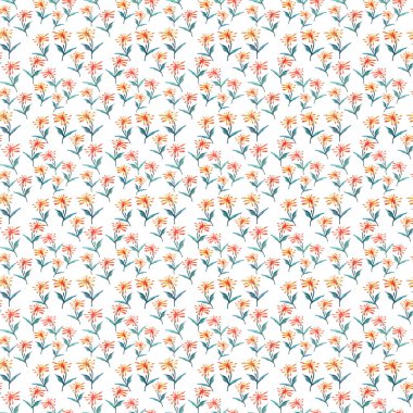 İhale güzel narin parlak sofistike bahar bitkisel Tekstil sarı renkli portakal dandelions yeşil yaprakları desen suluboya ile kroki el