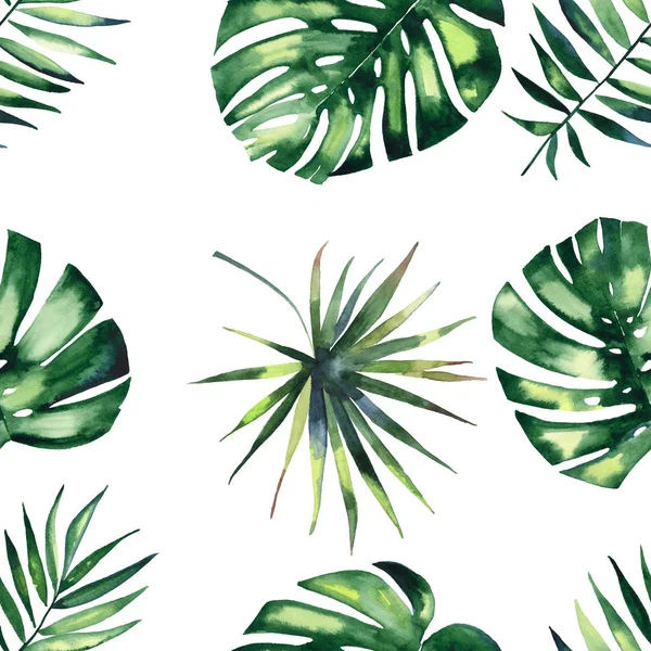 Bright beautiful green herbal tropical wonderful hawaii floral summer pattern of a tropic palms watercolor hand illustration — Stock Photo, Image
