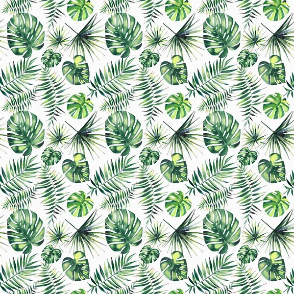 明亮美丽绿色草药热带奇妙夏威夷花夏天的图案的热带棕榈树水彩手图 — 图库照片