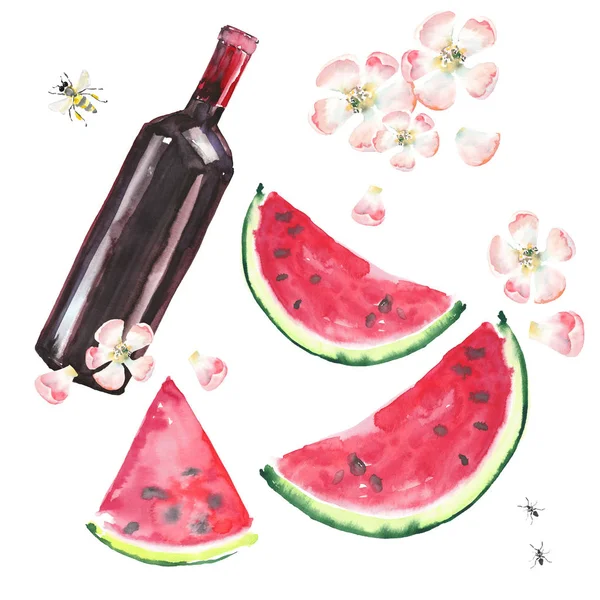 Brilhante lindo lindo bonito delicioso saboroso piquenique de verão conjunto inclui garrafa de vinho tinto, fatias de melancia, flores de maçã, abelha e formigas padrão de aquarela mão ilustração — Fotografia de Stock