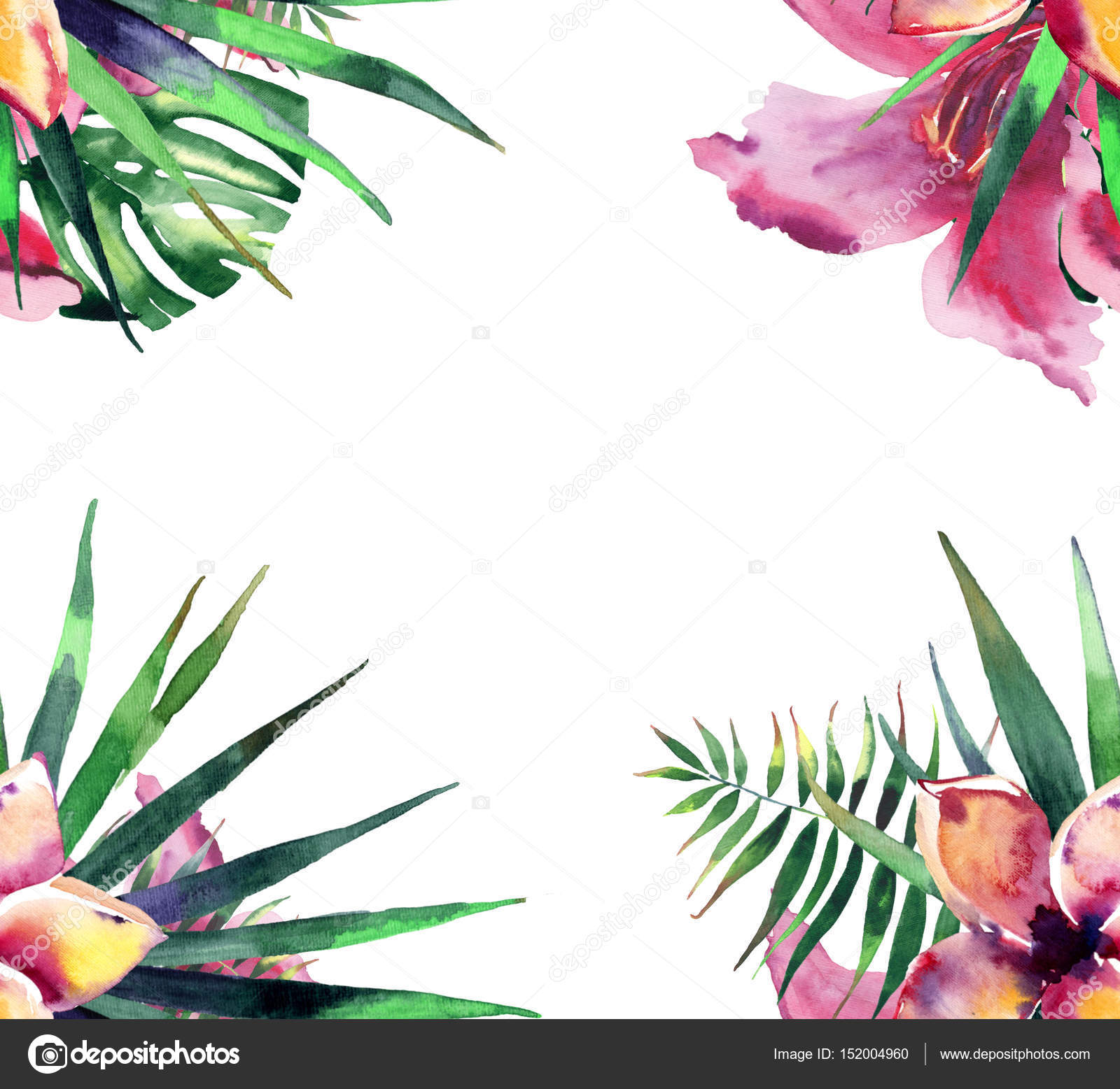 Bella brillante incantevole tropicale hawaii estate erbe floreale cornice colorata del tropical fiori Orchidee di ibisco e palme foglie mano acquerello
