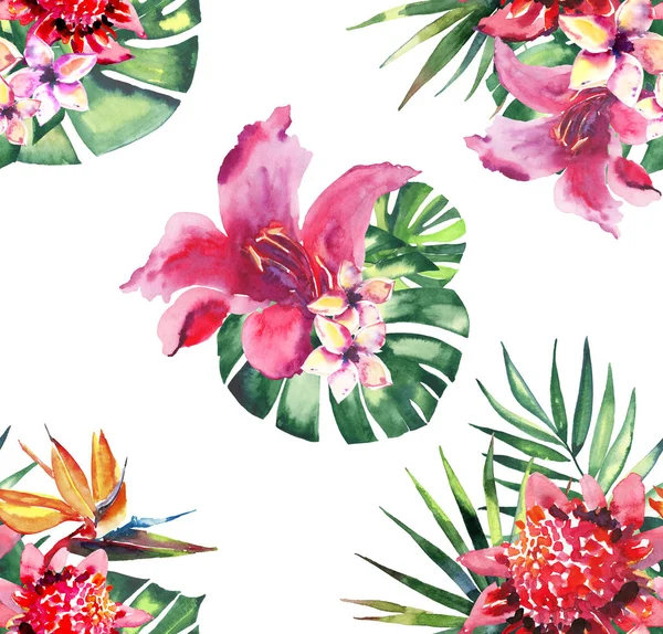 Belle lumineux belle coloré tropical hawaii floral motif d'été à base de plantes de fleurs tropicales hibiscus orchidées et palmiers feuilles aquarelle croquis à la main — Photo