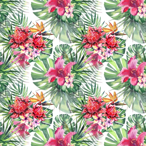 Güzel parlak güzel renkli tropikal hawaii çiçek bitkisel yaz desen tropikal hibiscus orkide çiçek ve yaprak suluboya el kroki palms — Stok fotoğraf