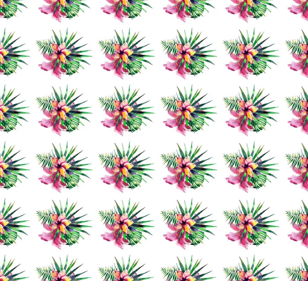 Mooie heldere mooie kleurrijke tropische hawaii floral kruiden zomer patroon van tropische bloemen hibiscus orchideeën en palmen bladeren aquarel hand schets — Stockfoto