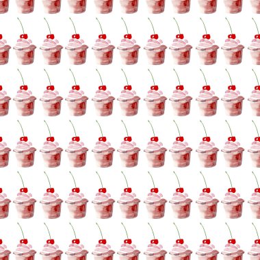 Kırmızı Kiraz desen suluboya ile parlak güzel ihale güzel şirin lezzetli lezzetli lezzetli yaz tatlı iki cupcakes kroki el