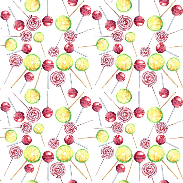 Яскраві красиві барвисті чудові смачні смачні літні свіжі десерти лимонні кручені карамельні цукерки на паличках, розташовані випадковий візерунок акварельна ручна ілюстрація — стокове фото