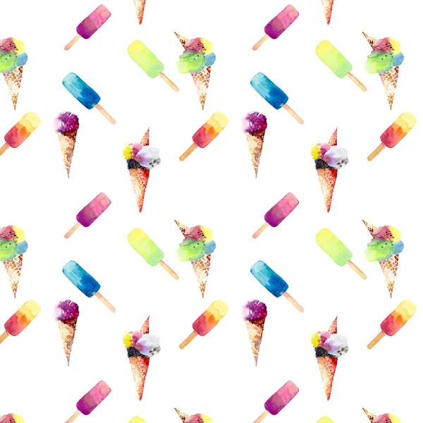 Beautiful bright colorful delicious tasty yummy cute lovely summer dessert frozen juice  and ice cream in horn diagonal pattern watercolor hand sketch — Stock Photo, Image