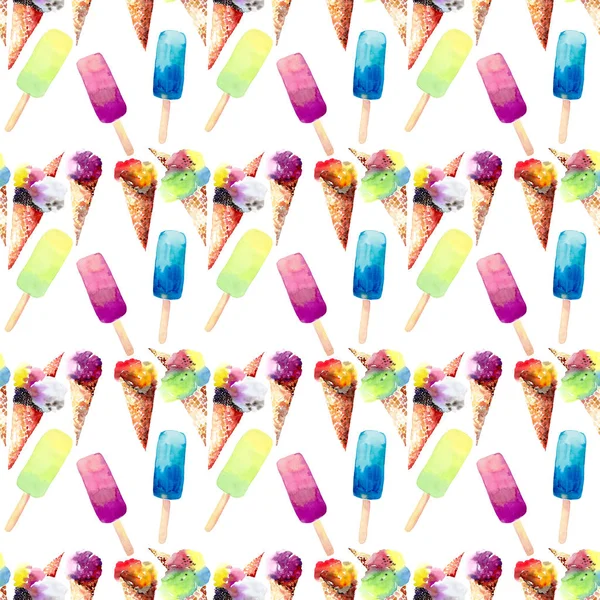 Světlé krásné nabídka výborné chutné čokoládové mňam letní dezert zmrzlina v vafle roh a barevné zmrazené šťávy vzor akvarel ruka ilustrace — Stock fotografie