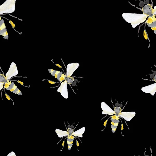 Beautiful bright graphic abstract cute lovely artistic vintage summer colorful vertical pattern of honey bees on black background watercolor hand illustration — Stock Photo, Image